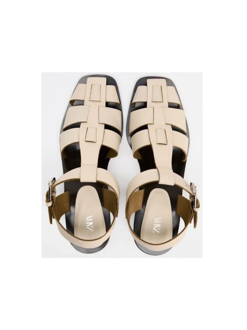 Zara NWOB Leather Cage Sandals Cream Size 6.5 With Block Heel & Buckle - Picture 3 of 7